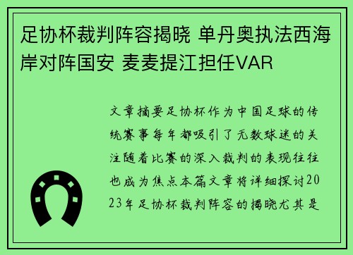 足协杯裁判阵容揭晓 单丹奥执法西海岸对阵国安 麦麦提江担任VAR